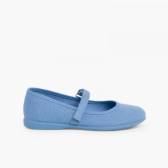 Sapatos Merceditas Tela com Tira Aderente Fina Azul Claro
