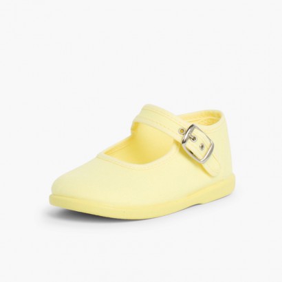 Sapatos Merceditas Tecido com Fivela Amarelo Limão