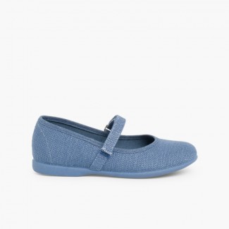 Sapatos Merceditas Linho com tiras aderentes   Fino Azul França